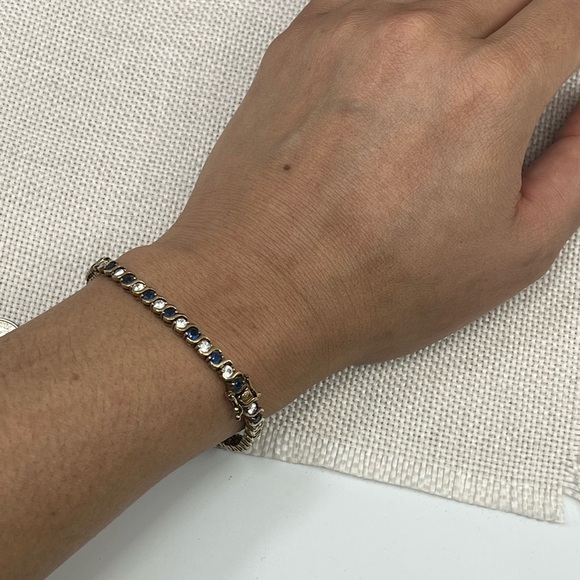 Vintage Estate Gold Over Sterling Silver Tennis Bracelet Sapphire Clear CZ 7.25" - Picture 9 of 16